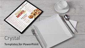  Presentation with tableware - PPT theme with non-stop-order-online-pizza background and a light gray colored foreground
