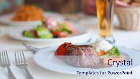  Presentation with restaurant - Presentation theme enhanced with non veg - gourmet cuisine at restaurant beefsteak background and a sky blue colored foreground