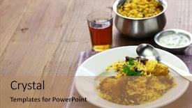  Presentation with hyderabadi biryani - Colorful presentation design enhanced with non veg - hyderabadi chicken biryani indian cuisine backdrop and a coral colored foreground