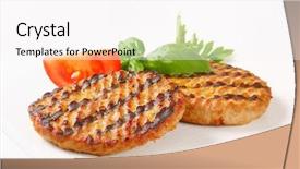  Presentation with burgers - Audience pleasing PPT theme consisting of non vegetarian - two grilled burgers with burned backdrop and a sky blue colored foreground