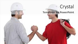  Presentation with welcome aboard new staff - Slide set with non verbal communication - tradesman welcoming a new recruit background and a white colored foreground