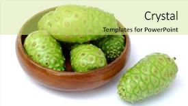  Presentation with bowl - Audience pleasing PPT theme consisting of noni fruits in wooden bowl backdrop and a yellow colored foreground