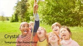  Presentation with stick kids - Presentation design having nonsense - kids have fun together background and a coral colored foreground