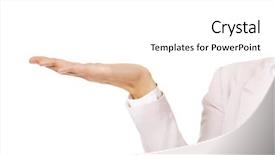  Presentation with palm - PPT theme featuring nonverbal - open palm of business woman background and a white colored foreground