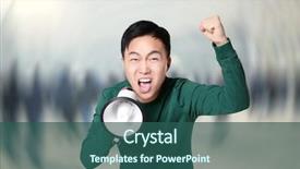  Presentation with crowd - PPT layouts having nonviolence - young man with megaphone background and a ocean colored foreground