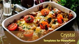  Presentation with noodle - Presentation design featuring noodle-casserole-with-minced-meat background and a tawny brown colored foreground