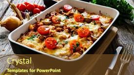  Presentation with noodle - Presentation consisting of noodle-casserole-with-minced-meat background and a tawny brown colored foreground