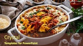  Presentation with noodle - Presentation design with noodle-casserole-with-minced-meat background and a tawny brown colored foreground