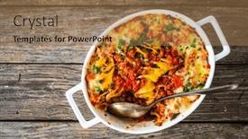  Presentation with noodle - Slide deck with noodle-casserole-with-minced-meat background and a coral colored foreground