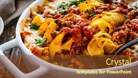  Presentation with noodle - Presentation consisting of noodle-casserole-with-minced-meat background and a tawny brown colored foreground