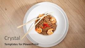  Presentation with noodle - Audience pleasing slide deck consisting of noodle-with-shrimps-with-chopsticks backdrop and a coral colored foreground