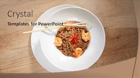  Presentation with noodle - Beautiful slides featuring noodle-with-shrimps-with-chopsticks backdrop and a coral colored foreground