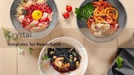  Presentation with pasta restaurant - Slides having noodles-in-ceramic-bowls-top background and a coral colored foreground