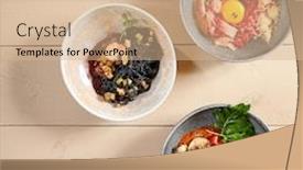  Presentation with pasta restaurant - Colorful slide set enhanced with noodles-in-ceramic-bowls-top backdrop and a coral colored foreground