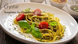  Presentation with noodles - Slides having noodles-with-basil-pesto-parmesan background and a coral colored foreground