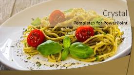  Presentation with noodles - PPT theme consisting of noodles-with-basil-pesto-parmesan background and a coral colored foreground