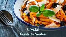  Presentation with noodles - PPT theme having noodles-with-pesto-parmesan-cheese background and a ocean colored foreground