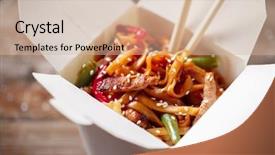  Presentation with noodles - Amazing PPT theme having noodles with pork and vegetables in take-out box on wooden table backdrop and a soft green colored foreground