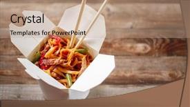  Presentation with noodles - Colorful presentation design enhanced with vegetables in take-out box backdrop and a coral colored foreground
