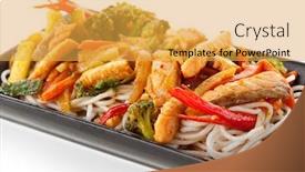  Presentation with noodles - Beautiful presentation featuring noodles with salmon fillet broccoli and vegetables backdrop and a yellow colored foreground