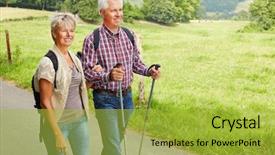  Presentation with romance couple nature - Cool new PPT theme with nordic walking - happy senior couple hiking backdrop and a yellow colored foreground