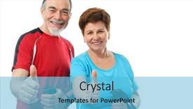  Presentation with walking nordic - Theme consisting of nordic walking - happy senior couple showing thumbs background and a light blue colored foreground