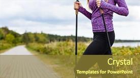  Presentation with walking nordic - Slide set having nordic walking - young woman training background and a gold colored foreground