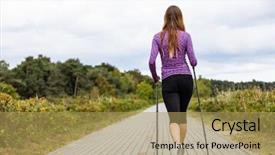  Presentation with walking nordic - Audience pleasing presentation design consisting of nordic walking - young woman training backdrop and a yellow colored foreground