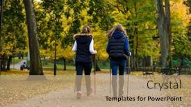  Presentation with walking nordic - Colorful PPT layouts enhanced with nordic walking - active people working out in park backdrop and a coral colored foreground