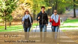  Presentation with walking nordic - Colorful theme enhanced with nordic walking - active people working out in city park backdrop and a coral colored foreground
