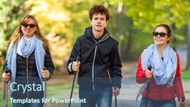  Presentation with city people walking - Theme featuring nordic walking - active people working out in city park background and a ocean colored foreground