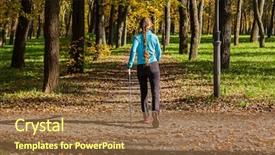  Presentation with walking nordic - Presentation with nordic walking adventure and exercising concept - woman hiking withnordic walking poles in autumn park background and a tawny brown colored foreground