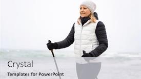  Presentation with walking nordic - Presentation theme featuring nordic-walking-beautiful-woman-training background and a light gray colored foreground