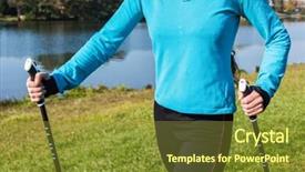  Presentation with walking exercise - Colorful slide deck enhanced with nordic walking exercise adventure hiking concept - closeup of woman's torso and hands holding nordic walking poles backdrop and a gold colored foreground