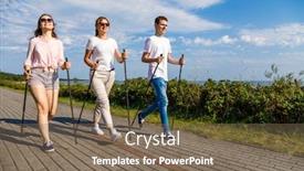  Presentation with walking nordic - Audience pleasing slide deck consisting of nordic walking- family training at seaside backdrop and a violet colored foreground