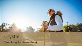  Presentation with walking nordic - Presentation theme consisting of nordic walking - middle-age woman working out in city park background and a coral colored foreground