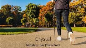  Presentation with walking nordic - Slide deck featuring nordic walking - middle-age woman working out in city park background and a coral colored foreground