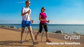  Presentation with sad woman walking - Presentation design featuring nordic-walking-middle-aged-woman background and a violet colored foreground