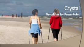  Presentation with walking nordic - Slide deck having nordic walking - two women working out on beach background and a seafoam green colored foreground