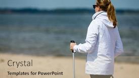  Presentation with walking nordic - Beautiful slides featuring nordic walking - woman training on beach backdrop and a mint green colored foreground