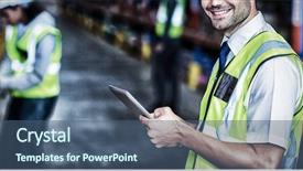  Presentation with worker safety - Beautiful presentation theme featuring norms - worker in warehouse looking backdrop and a ocean colored foreground