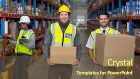  Presentation with utility workers - Colorful slide deck enhanced with norms - workers looking at camera while backdrop and a violet colored foreground