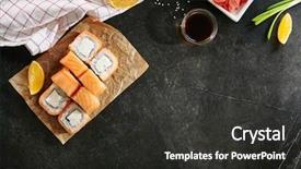  Presentation with soy sauce - Amazing presentation theme having noro - nori maki philadelphia sushi rolls backdrop and a dark gray colored foreground