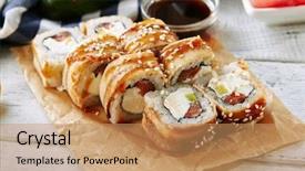  Presentation with seaweed - PPT theme with noro - salmon and smoked eel sushi background and a coral colored foreground