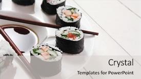  Presentation with soy sauce - Slide set consisting of noro - sushi maki rolls salmon background and a light gray colored foreground