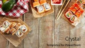  Presentation with restaurant menu - Presentation design with noro - various sushi set background frame background and a coral colored foreground