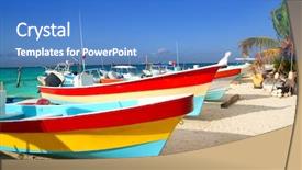  Presentation with boats - Audience pleasing theme consisting of north america - colorful tropical boats beached backdrop and a teal colored foreground