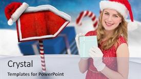  Presentation with hat - Theme consisting of north pole - beautiful woman in santa hat background and a light blue colored foreground