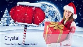  Presentation with hat - Audience pleasing presentation design consisting of north pole - portrait of happy woman backdrop and a sky blue colored foreground