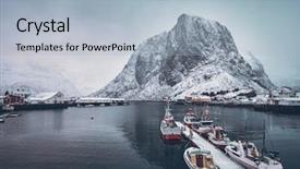  Presentation with falling snow - PPT theme featuring norway with red rorbu house background and a light blue colored foreground